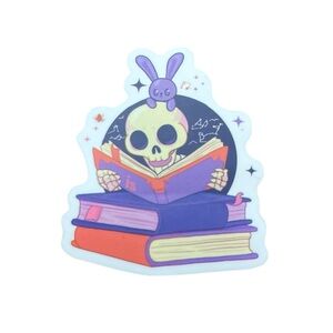 Colorful Skull and Bunny with Books Sticker Girly Gothic Book Lover